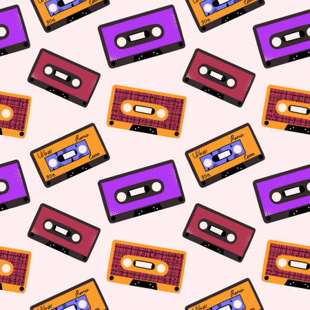 Retro pattern with audio cassettes 80s, 90s. Disco background. Vector illustration in pora styleのイラスト素材