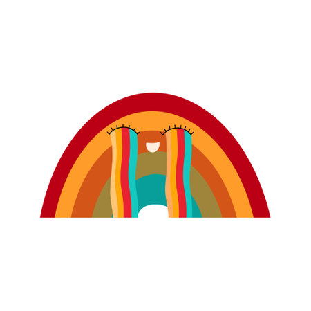 Psychedelic crying kawaii retro rainbow. Hippie character 60s, 70s. Groovy sticker. vector illustrationのイラスト素材