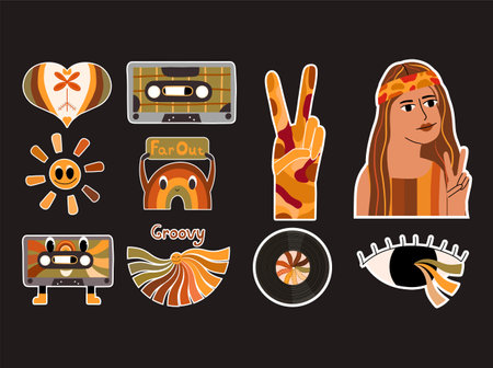 Set of 60s, 70s aesthetics stickers. Collection of hippie style elements. Rainbow character, audio cassette, vinyl record, heart, groovy sun, peace gesture. vector illustrationのイラスト素材