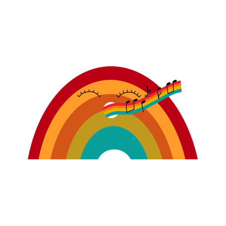 Funny retro hippie rainbow singing. Groovy psychedelic character from the 1970s.のイラスト素材