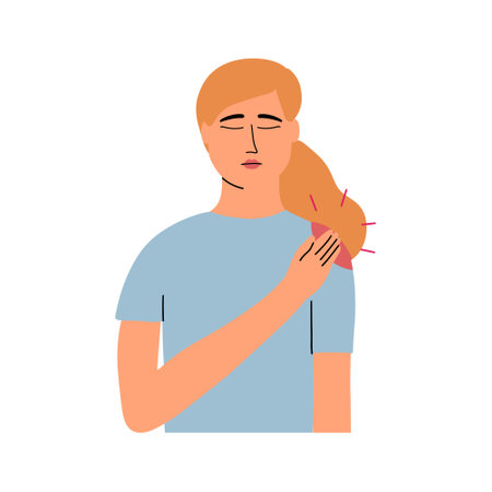 The girl holds her hand on the sore shoulder joint. Arthrosis, bruise, inflammation concept. Vector illustration in flat styleのイラスト素材