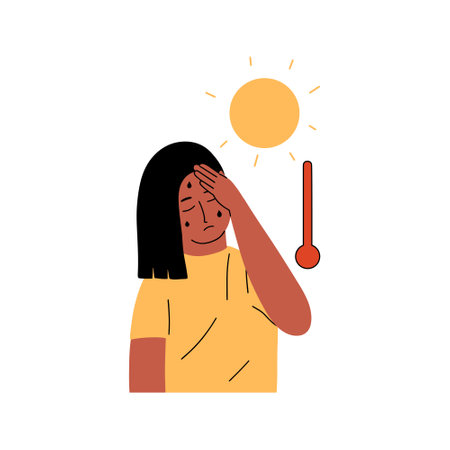 A young woman is suffering from sunstroke. A girl is experiencing symptoms of dehydration on a hot day. Vector illustration in flat styleのイラスト素材