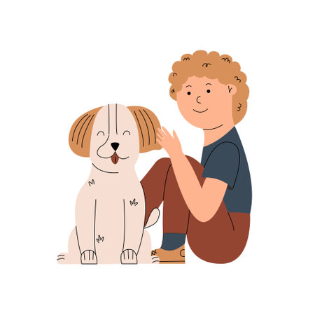 The boy sits and strokes the puppy's head. Friendship between child and dog. Vector illustration in flat styleのイラスト素材