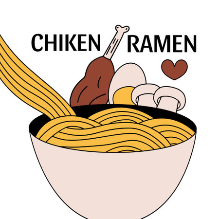 Chicken ramen with eggs and mushrooms. Traditional Japanese dish. Vector illustration in flat styleのイラスト素材