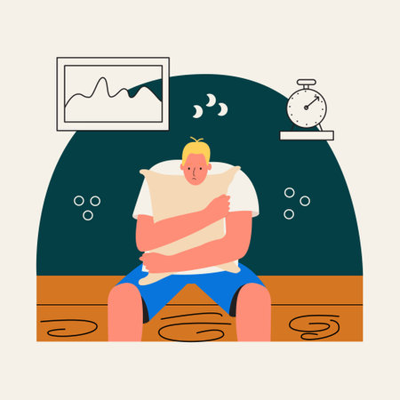 The man suffers from insomnia, anxiety, lack of sleep. A young guy hugs a pad and cannot fall asleep. Vector illustration in flat styleのイラスト素材