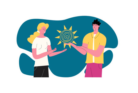 Man giving mental support to woman. The concept of treating depression with antidepressants. Vector illustration in flat styleのイラスト素材