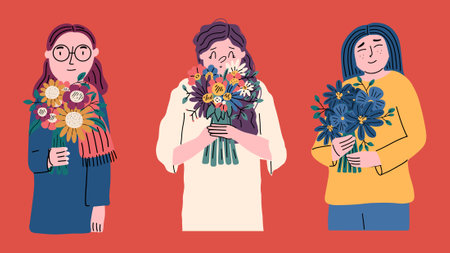 Set of diverse women with bouquets of flowers. Collection of elements. March 8, mother's day. Designs for postcards, banners, posters. Vector hand drawn illustrationのイラスト素材