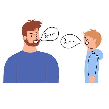 The speech therapist teaches the boy language skills, articulations. A man talks to a child. Vector hand drawn illustrationのイラスト素材