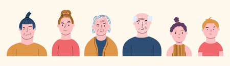 Portrait of people of different ages with an expression of skepticism, puzzlement, surprise,...