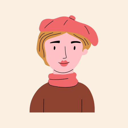 Nice girl in French beret. Young woman in a fashionable headdress. Vector hand drawn illustrationのイラスト素材