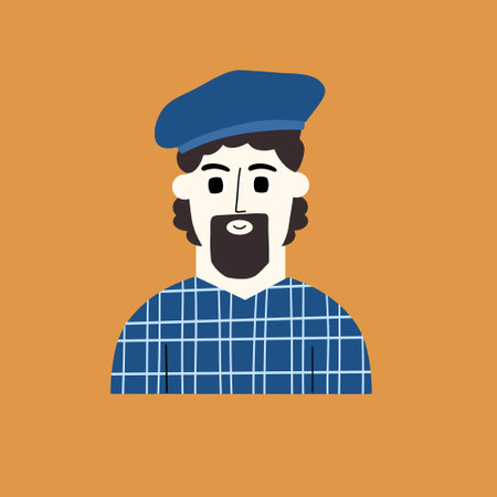 Portrait of a male artist in a French beret. Young man in trendy clothes. Vector hand drawn illustrationのイラスト素材