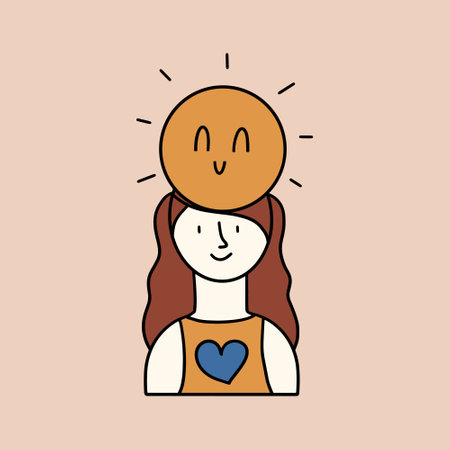 The concept of victory over depression, positive mood, mental health. The girl smiles with the sun on her head. Vector illustration in flat styleのイラスト素材