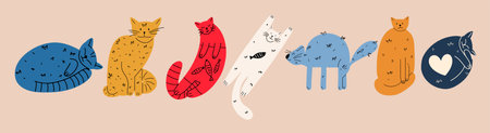 A set of funny cute cats in different poses in the style of hand drawing. Collection in different poses of pets. Vector illustrationのイラスト素材