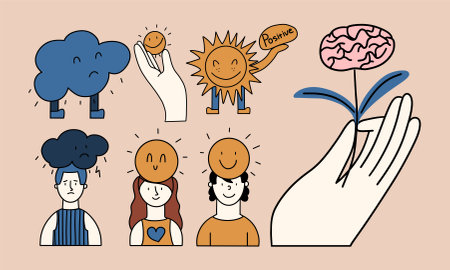 A set of conceptual stickers, icons on the theme of positive mental health, depression and...