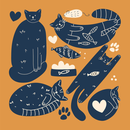 A set of funny cute cats in different poses in the style of hand drawing. Postcard with a collection of pets. vector illustrationのイラスト素材