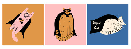 Set of design cards with comical cats super heroes in raincoats in different poses Vector illustration in flat styleのイラスト素材