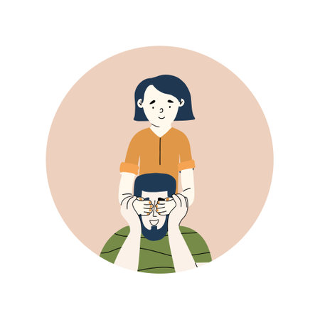 The daughter closes her father's eyes. The concept of happy fatherhood, parenthood. Vector illustration in hand drawn styleのイラスト素材