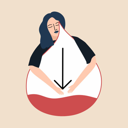 The person suffers from hypoglycemia. A woman hugs a drop of blood with a low sugar reading. The concept of pre-diabetes or anemia. Vector illustration in a flat style.のイラスト素材