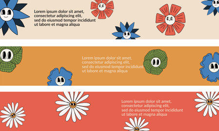 A set of flyers with cartoon flowers in retro style, 70s, 90s. vector illustrationのイラスト素材