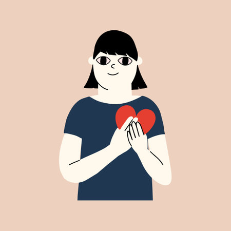 The concept of self-love, self-care. The girl holds a heart in her hands. Vector illustration in hand drawn style.のイラスト素材