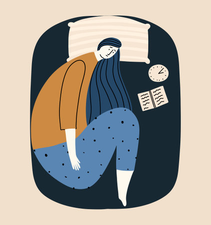 Concept of insomnia, anxiety disorder. The woman cannot sleep at night. Vector illustration in flat styleのイラスト素材