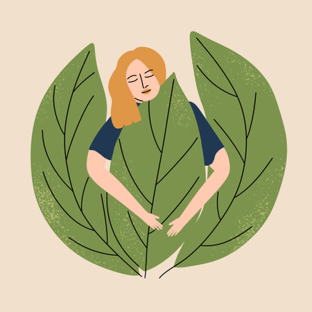 The concept of taking care of yourself, mental health. The girl spends time with herself in nature. Vector illustration in hand drawn styleのイラスト素材