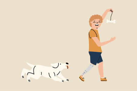 A boy with a prosthetic leg plays with his dog. Vector illustration in hand drawn styleのイラスト素材