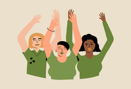 A group of diverse women in green eco-friendly t-shirts. Vector illustration in hand drawn styleのイラスト素材