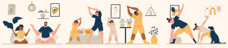 Diversity families with their children doing yoga. Mom, dad, daughter and son take care of their...