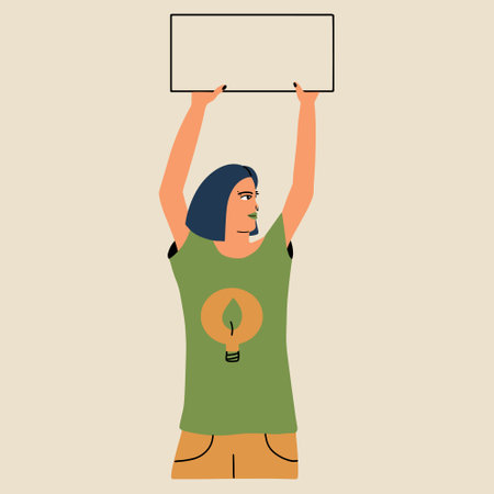 A woman in a green eco-friendly T-shirt holding a sign. The concept of environmental protection. Vector illustration in hand drawn styleのイラスト素材