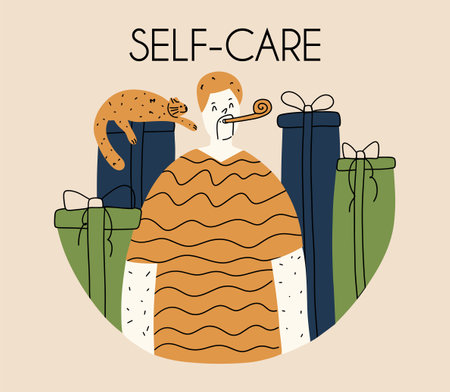 Self care concept. Man alone with pet
gave himself a feast. Holiday for yourself. Vector illustration in hand drawn styleのイラスト素材