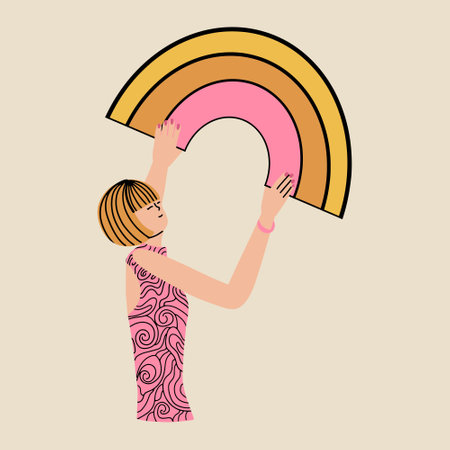 Retro illustration with a young woman and a rainbow in the style of the 60s, 70s. Vector illustration in hand drawn styleのイラスト素材