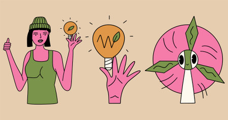 Set of ESG concept stickers in cartoon style.  Collection elements about environmental, social...