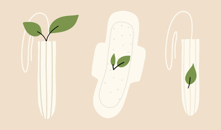 Women's eco-friendly natural hygiene products. Eco tampons and pads. Vector illustration in flat styleのイラスト素材