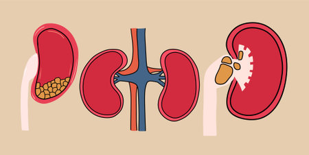 A set of kidneys with stones inside. Vector illustration in flat styleのイラスト素材