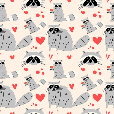 Seamless pattern with cute friendly raccoon. Vector illustration in flat styleのイラスト素材