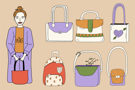 A set of various women's bags for different occasions. Vector illustration in flat styleのイラスト素材