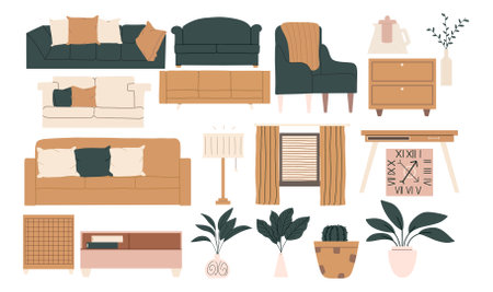 A set of modern furniture in classic, Scandinavian styles. Sofa, armchair, table, bedside table, clock, lamp, kettle, vase. Vector illustrationのイラスト素材