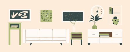 Modern eco living room interior design. Vector illustration in hand drawn styleのイラスト素材