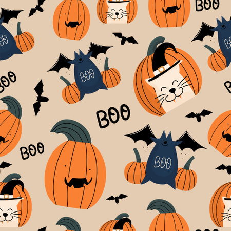 Seamless pattern for Halloween. Pumpkin, cat, bat. Vector illustration in hand drawn style.のイラスト素材