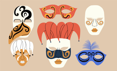 Set of carnival Venetian masks. Vector illustration in hand drawn style.のイラスト素材
