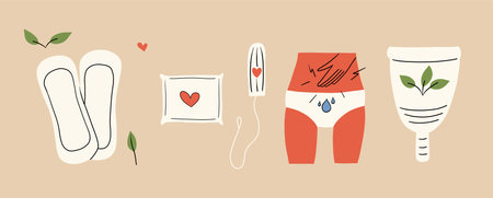A set of feminine hygiene products. Tampons, panty liners, menstrual cup. Vector illustration in flat styleのイラスト素材