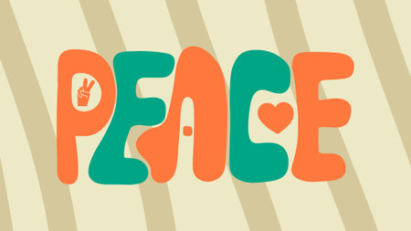 Lettering of the word "Peace" in retro style. Handwritten text, calligraphy. Hand drawn vector illustration.のイラスト素材