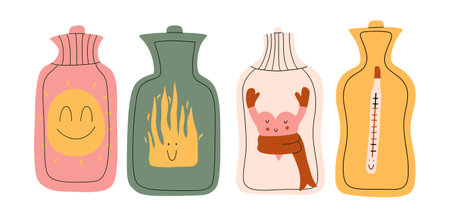 Hot-water bottle set. Hand drawn illustration.のイラスト素材