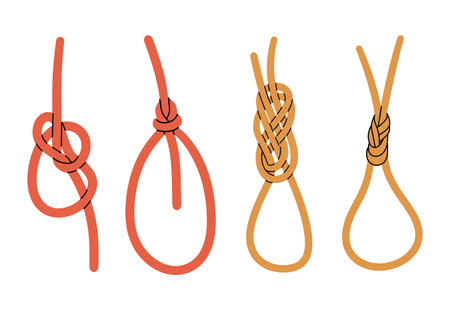 Set of ropes tied into different sea knots. Hand draw vector illustrationのイラスト素材