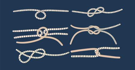 Set of ropes tied in different knots. Hand draw vector illustrationのイラスト素材