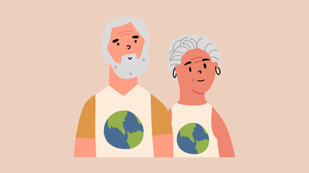 Elderly Family in T-shirts with the planet. The concept of responsibility, care, love for the Earth. Vector illustration in hand drawing styleのイラスト素材