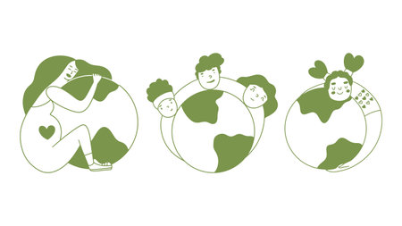 Set of icons about care, protection, conservation and love for the planet. Conceptual vector illustrations for Earth Day in hand draw style.のイラスト素材
