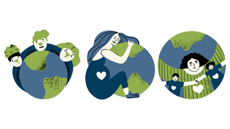 The concept of care, protection and responsibility to the planet. Parents, children, pregnant woman and the Earth. Vector illustration in hand draw style.のイラスト素材