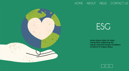 Sustainable environment banner. Design template with hand and Earth. ESG and Ecology concept. Vector illustration for website, landing pageのイラスト素材